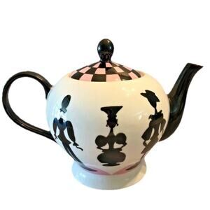Nordstrom Rubin Toledo Checker Ceramic Teapot Silhouettes Art Nouveau Pink White